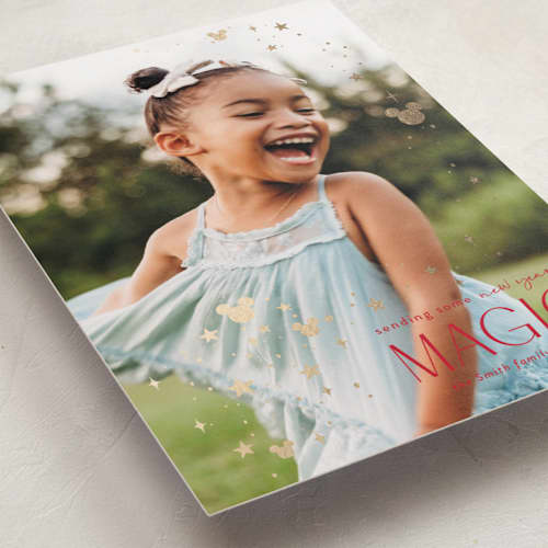 This is a mickey pants foil pressed holiday cards with foil pressed by Danie Romrell called disney's mickey holiday magic printing on recycled smooth signature in standard