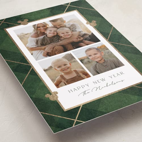 This is a juniper foil pressed holiday cards with foil pressed by Susan Zinader called disney mickey's tartan plaid printing on recycled smooth signature in standard