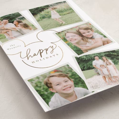 This is a snow foil pressed holiday cards with foil pressed by Everett Paper Goods called disney's mickey mouse casual script printing on recycled smooth signature in standard