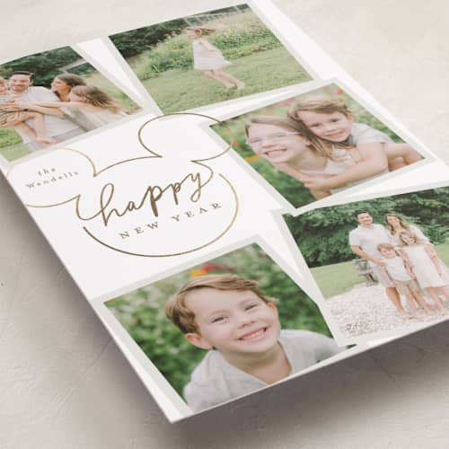 This is a snow foil pressed holiday cards with foil pressed by Everett Paper Goods called disney's mickey mouse casual script printing on recycled smooth signature in standard