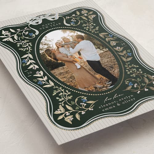 This is a verdant foil pressed holiday cards with foil pressed by Ana de Sousa called waves of greenery printing on recycled smooth signature in standard