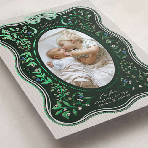 This is a verdant foil pressed holiday cards with foil pressed by Ana de Sousa called waves of greenery printing on recycled smooth signature in standard