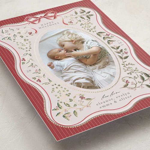 This is a holly berry foil pressed holiday cards with foil pressed by Ana de Sousa called waves of greenery printing on recycled smooth signature in standard