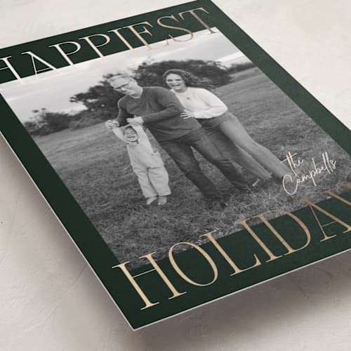 This is a evergreen foil pressed holiday cards with foil pressed by Ekko Studio called glam greeting printing on recycled smooth signature in standard