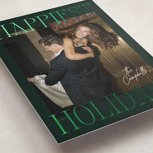 This is a evergreen foil pressed holiday cards with foil pressed by Ekko Studio called glam greeting printing on recycled smooth signature in standard