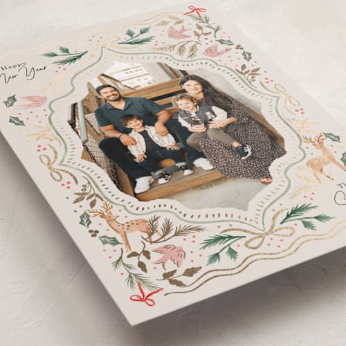 This is a pastel foil pressed holiday cards with foil pressed by Elly called flourish ornament printing on recycled smooth signature in standard