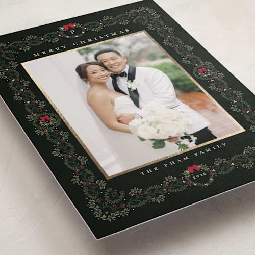 This is a holly berry foil pressed holiday cards with foil pressed by Susan Moyal called detailed printing on recycled smooth signature in standard