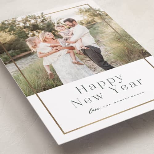 This is a pine foil pressed holiday cards with foil pressed by Wildfield Paper Co called driftwood printing on recycled smooth signature in standard