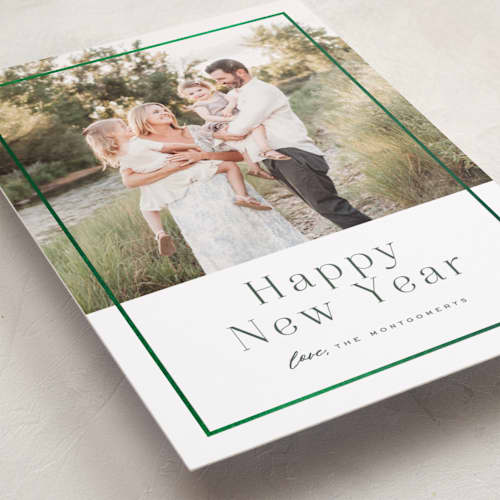 This is a pine foil pressed holiday cards with foil pressed by Wildfield Paper Co called driftwood printing on recycled smooth signature in standard