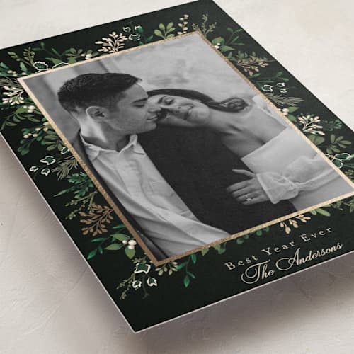 This is a wreath foil pressed holiday cards with foil pressed by Susan Moyal called framed botanicals printing on recycled smooth signature in standard