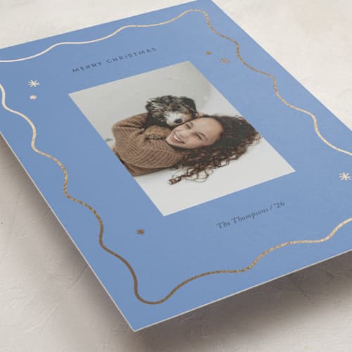 This is a blue jay foil pressed holiday cards with foil pressed by Rachel Cassel called sparkle christmas printing on recycled smooth signature in standard