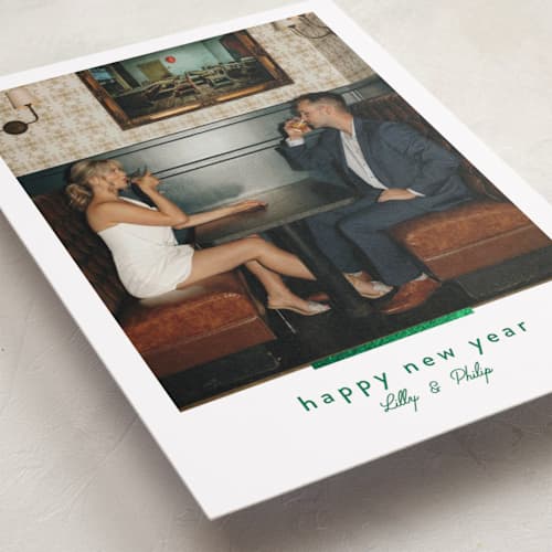 This is a evergreen foil pressed holiday cards with foil pressed by Melanie Kosuge called moderne printing on recycled smooth signature in standard