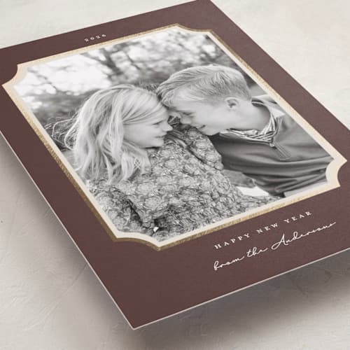 This is a pinecone foil pressed holiday cards with foil pressed by Emily Betts called classic corners printing on recycled smooth signature in standard