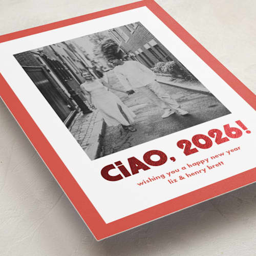 This is a tomato foil pressed holiday cards with foil pressed by Megan Davis called trattoria printing on recycled smooth signature in standard