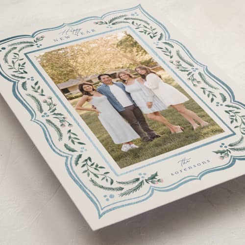 This is a sapphire foil pressed holiday cards with foil pressed by Chris Griffith called scalloped edge holiday printing on recycled smooth signature in standard