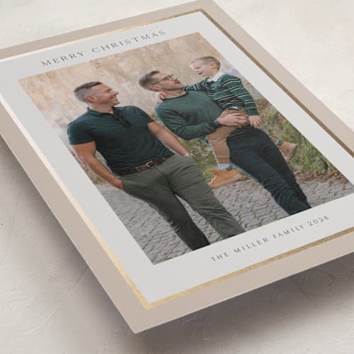 This is a crepe foil pressed holiday cards with foil pressed by Nicole Walsh called foil frame printing on recycled smooth signature in standard