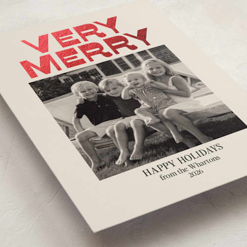 This is a eggnog foil pressed holiday cards with foil pressed by Ani Somi called very merry printing on recycled smooth signature in standard