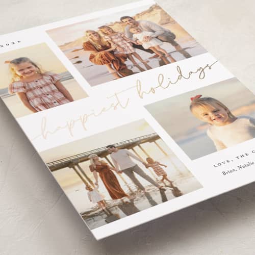 This is a snow foil pressed holiday cards with foil pressed by Sarah Curry called minimal holiday gallery printing on recycled smooth signature in standard