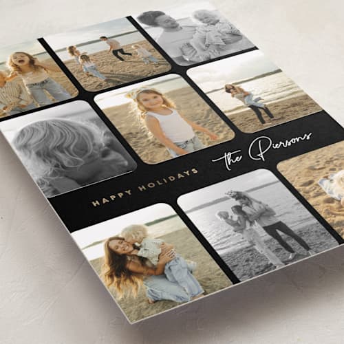This is a licorice foil pressed holiday cards with foil pressed by Corinne Malesic called photo montage printing on recycled smooth signature in standard