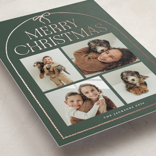This is a forest foil pressed holiday cards with foil pressed by Vivian Yiwing called frame bow printing on recycled smooth signature in standard