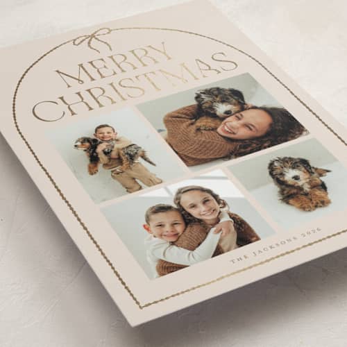This is a buttercream foil pressed holiday cards with foil pressed by Vivian Yiwing called frame bow printing on recycled smooth signature in standard