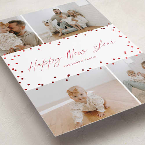 This is a poinsettia foil pressed holiday cards with foil pressed by Wendy Chung called festive dots printing on recycled smooth signature in standard