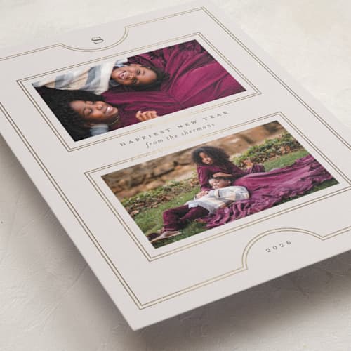This is a ivory foil pressed holiday cards with foil pressed by Heather Cairl called framed photos printing on recycled smooth signature in standard