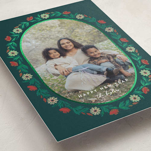 This is a pine foil pressed holiday cards with foil pressed by Amy Kross called laurel edge printing on recycled smooth signature in standard