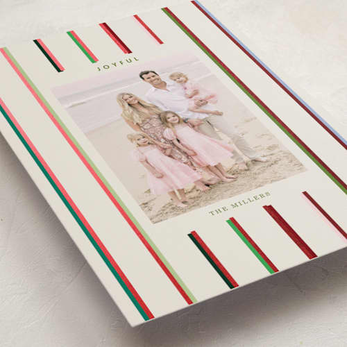 This is a champagne foil pressed holiday cards with foil pressed by Baumbirdy called colorful stripes printing on recycled smooth signature in standard