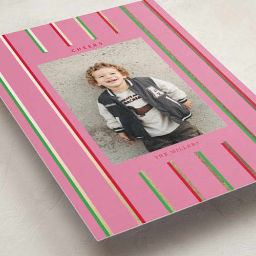 This is a peony foil pressed holiday cards with foil pressed by Baumbirdy called colorful stripes printing on recycled smooth signature in standard