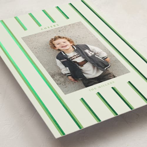 This is a mint foil pressed holiday cards with foil pressed by Baumbirdy called colorful stripes printing on recycled smooth signature in standard