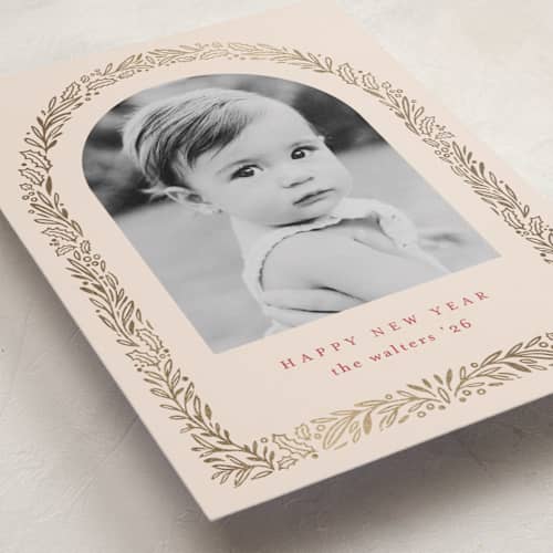 This is a eggnog foil pressed holiday cards with foil pressed by Mansi Verma called gilded florals printing on recycled smooth signature in standard