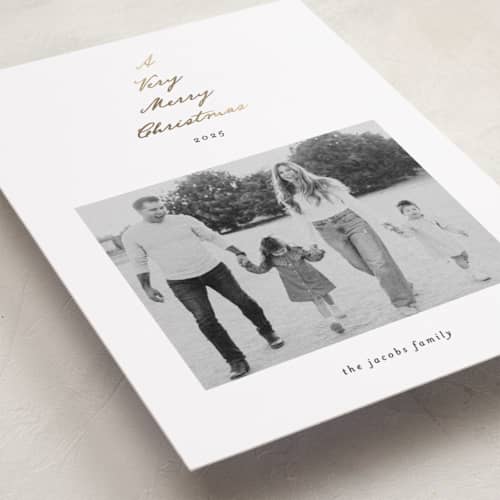 This is a snow foil pressed holiday cards with foil pressed by Ashley Iwafuchi called scripted tree printing on recycled smooth signature in standard