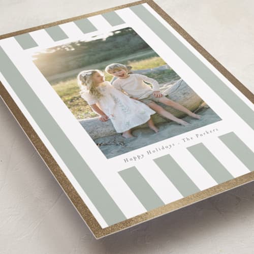 This is a sage foil pressed holiday cards with foil pressed by Angela Thompson called linen stripes printing on recycled smooth signature in standard