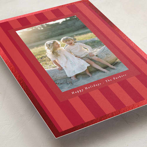 This is a poinsettia foil pressed holiday cards with foil pressed by Angela Thompson called linen stripes printing on recycled smooth signature in standard