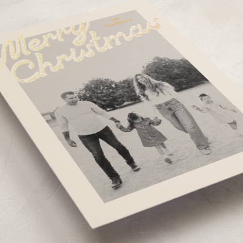 This is a butterscotch foil pressed holiday cards with foil pressed by Ekko Studio called nostalgia printing on recycled smooth signature in standard