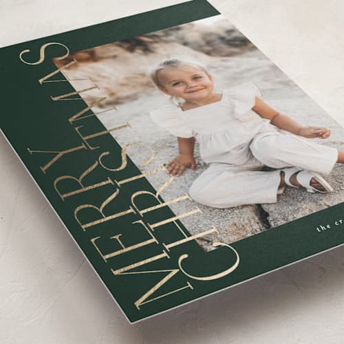 This is a evergreen foil pressed holiday cards with foil pressed by Carolyn Nicks called side greeting printing on recycled smooth signature in standard
