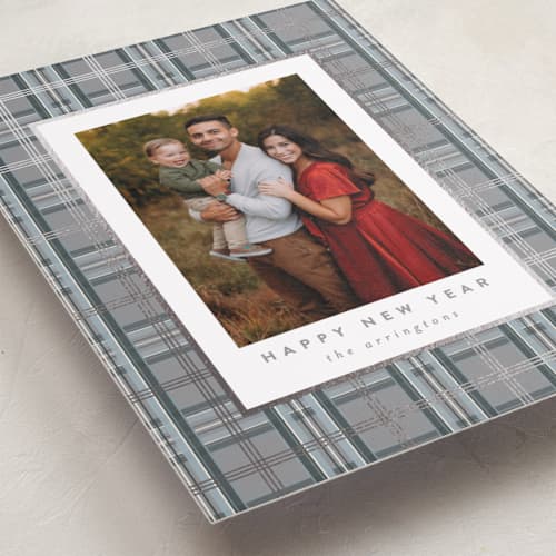 This is a frost foil pressed holiday cards with foil pressed by Kristie Kern called plaid shimmer printing on recycled smooth signature in standard