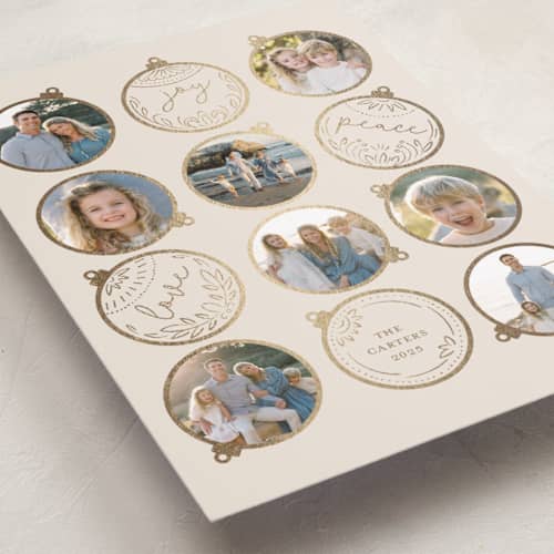 This is a clay foil pressed holiday cards with foil pressed by Teju Reval called gilded ornaments printing on recycled smooth signature in standard