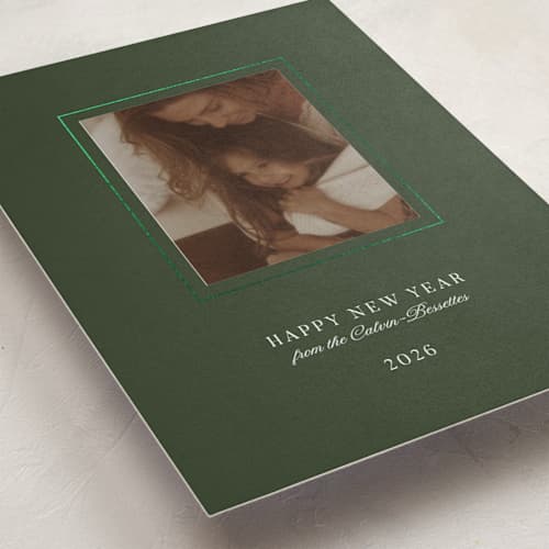 This is a olive foil pressed holiday cards with foil pressed by Studio Suku called gold frame printing on recycled smooth signature in standard