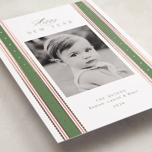 This is a wreath foil pressed holiday cards with foil pressed by Susan Zinader called swiss dot ribbon printing on recycled smooth signature in standard