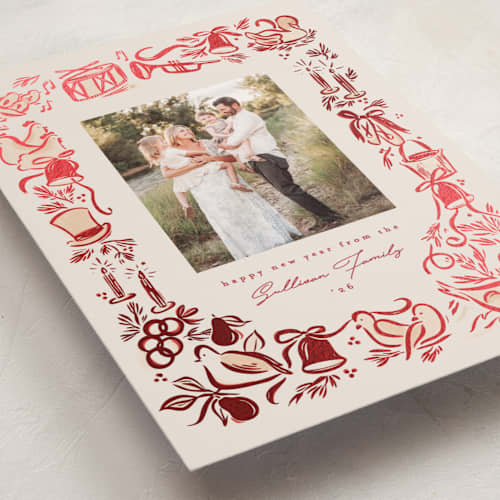 This is a eggnog foil pressed holiday cards with foil pressed by Julie Murray called and a partridge printing on recycled smooth signature in standard