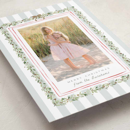 This is a winter mint foil pressed holiday cards with foil pressed by Everett Paper Goods called coastal garland printing on recycled smooth signature in standard