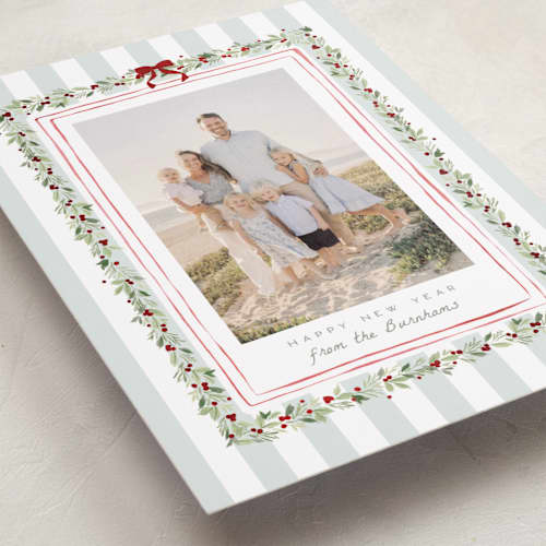 This is a winter mint foil pressed holiday cards with foil pressed by Everett Paper Goods called coastal garland printing on recycled smooth signature in standard