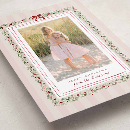 This is a beach rose foil pressed holiday cards with foil pressed by Everett Paper Goods called coastal garland printing on recycled smooth signature in standard
