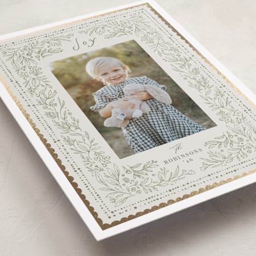 This is a moss foil pressed holiday cards with foil pressed by Hannah Williams called mixed frame floral printing on recycled smooth signature in standard