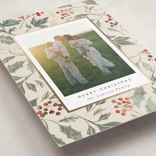 This is a vanilla foil pressed holiday cards with foil pressed by Rebecca Durflinger called christmas wrapping printing on recycled smooth signature in standard
