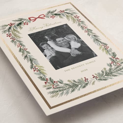 This is a pear foil pressed holiday cards with foil pressed by Rina Ozum called classic pine garland printing on recycled smooth signature in standard