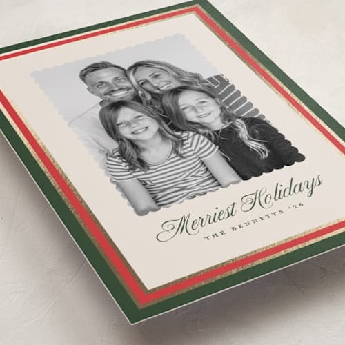 This is a spruce foil pressed holiday cards with foil pressed by Erica Krystek called festive frame printing on recycled smooth signature in standard