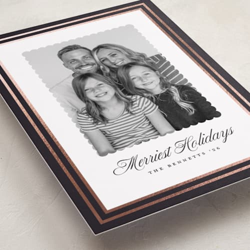 This is a midnight foil pressed holiday cards with foil pressed by Erica Krystek called festive frame printing on recycled smooth signature in standard